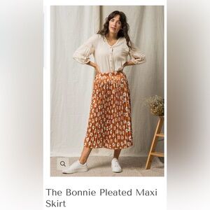 Orange Floral Silky Pleated Maxi Skirt